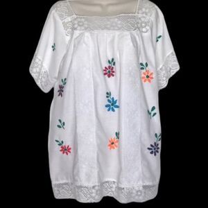Hand-Embroidered Lace Trimmed Peasant Blouse Boho Bohemian Festival Top White